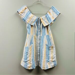 Reformation Striped Off-Shoulder Button-Front Summer Dress in Blue & Yellow
